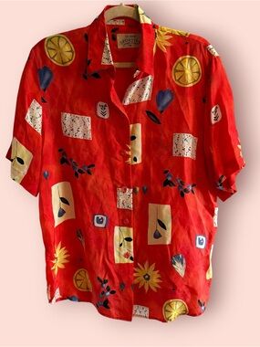 Vintage 90s Red Abstract Floral Fruit Print Cupro Button Up Blouse